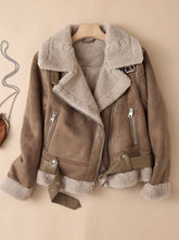 Cozy Faux Suede Shearling Moto Jacket for Women with Notch Collar Long Sleeve Belted Asymmetric Zip Style