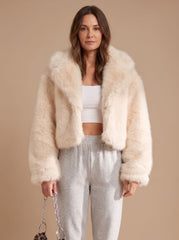 Cozy Cream Faux Fur Jacket for Women with Shawl Collar Long Sleeve Open Front Fluffy Cropped Style
