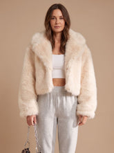 Cozy Cream Faux Fur Jacket for Women with Shawl Collar Long Sleeve Open Front Fluffy Cropped Style