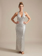 Elegant Silver Sequin Wedding Guest Gown for Women with Halter Deep-V Bodycon Floor-Length Formal Style