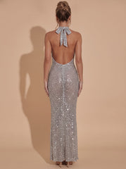 Elegant Silver Sequin Wedding Guest Gown for Women with Halter Deep-V Bodycon Floor-Length Formal Style