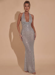 Elegant Silver Sequin Wedding Guest Gown for Women with Halter Deep-V Bodycon Floor-Length Formal Style