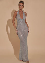 Elegant Silver Sequin Wedding Guest Gown for Women with Halter Deep-V Bodycon Floor-Length Formal Style