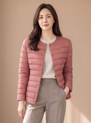 Cozy Lightweight Down Puffer Jacket for Women with Round Neck Long Sleeve Collarless Snap Winter Style