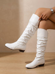 Chic Faux Leather Slouchy Knee High Boots for Women with Cuffed Shaft Pointed-Toe Pull-On Block Heel Style