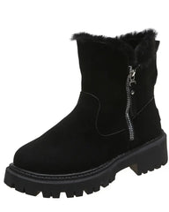 Cozy Black Snow Boots for Women with Faux Fur Lining Side Zip Platform Lug Sole Snowproof Style