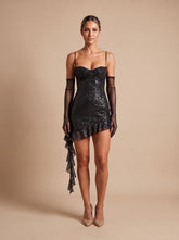 Elegant Sequin Cocktail Mini Dress for Women with Spaghetti-Strap Sweetheart Ruffle Bodycon Christmas Party Style