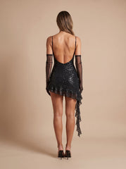 Elegant Sequin Cocktail Mini Dress for Women with Spaghetti-Strap Sweetheart Ruffle Bodycon Christmas Party Style