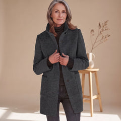 Elegant Blue Wool Coat for Women with Stand Collar Button Front Long Sleeve Midi Winter Style