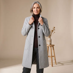 Elegant Blue Wool Coat for Women with Stand Collar Button Front Long Sleeve Midi Winter Style