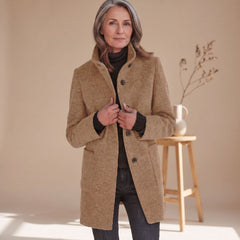 Elegant Blue Wool Coat for Women with Stand Collar Button Front Long Sleeve Midi Winter Style