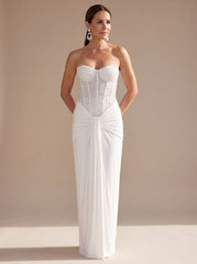 Elegant Formal Wedding Guest Gown for Women with Strapless Sweetheart Beaded Corset Draped Floor-Length Style