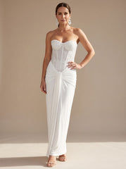 Elegant Formal Wedding Guest Gown for Women with Strapless Sweetheart Beaded Corset Draped Floor-Length Style