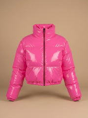 Cozy Cropped Puffer Jacket for Women with Stand Collar Long Sleeve Glossy Zip Winter Style