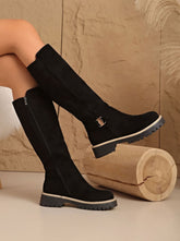 Chic Faux Suede Knee High Boots for Women with Buckle Accent Side-Zip Block Heel Round-Toe Style