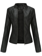 Elegant Faux Leather Jacket for Women with Stand Collar Long Sleeve Zip Front Fitted Moto Style