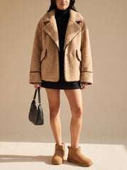 Camila | Women's Teddy Fleece Faux Fur Coat Black-Trim Notch-Collar Jacket, Camel