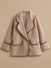 Camila | Women's Teddy Fleece Faux Fur Coat Black-Trim Notch-Collar Jacket, Camel