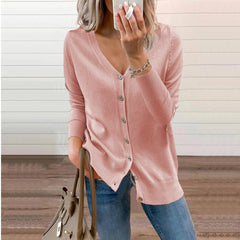 Effortless Pink Cardigan for Women with V Neck Long Sleeve Button Front Knit Style