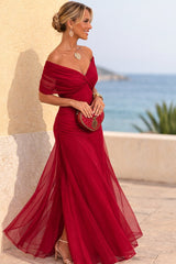 Timeless Red Chiffon Wedding Guest Maxi Dress for Women with V Neck Flutter Sleeve Ruched Bodice Formal Evening Occasion Style
