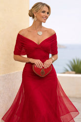 Timeless Red Chiffon Wedding Guest Maxi Dress for Women with V Neck Flutter Sleeve Ruched Bodice Formal Evening Occasion Style