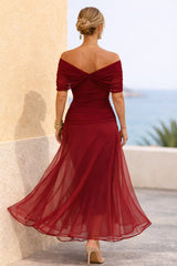 Timeless Red Chiffon Wedding Guest Maxi Dress for Women with V Neck Flutter Sleeve Ruched Bodice Formal Evening Occasion Style