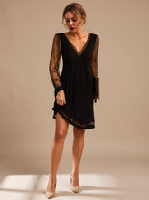 Elegant Cocktail Mini Dress for Women with V-Neck Glitter Mesh Long Sleeve Contrast Shift Holiday Party Style