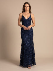 Elegant Sequin Wedding Guest Gown for Women with V-Neck Open-Back Floral Floor-Length Formal Style