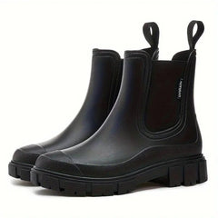 Stylish Black Boots for Women with Round Toe Chelsea Pull Tab Lug Sole Waterproof Style