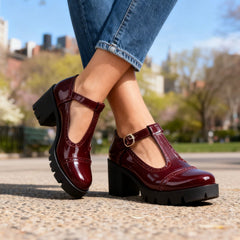 Chic Leather Mary Jane Shoes for Women with Round Toe T Strap Block Heel Brogue Platform Style