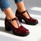 Chic Leather Mary Jane Shoes for Women with Round Toe T Strap Block Heel Brogue Platform Style