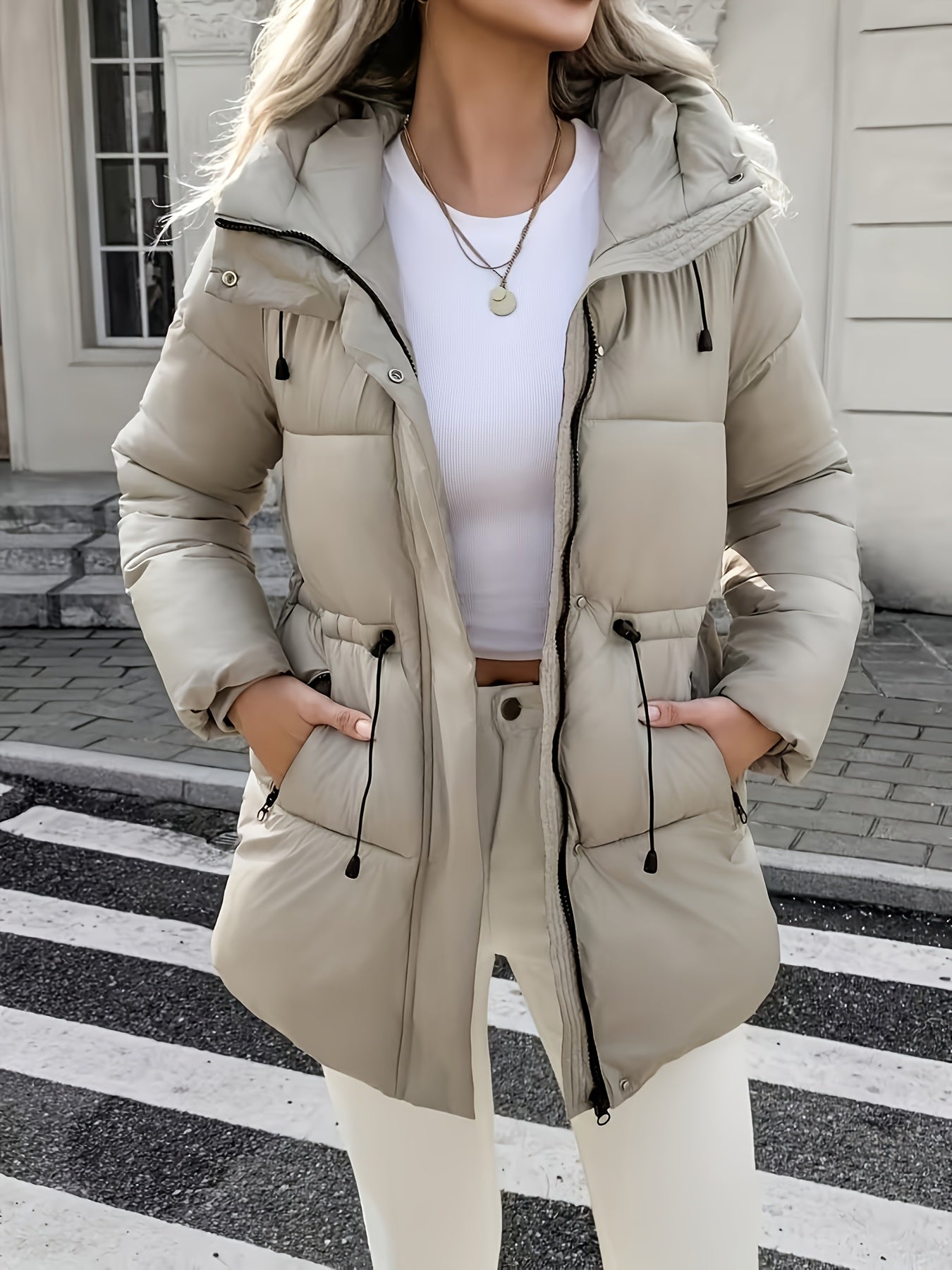 Cozy Quilted Ski Jacket for Women with Hooded Long Sleeve Drawstring Waist Zip Pocket Style