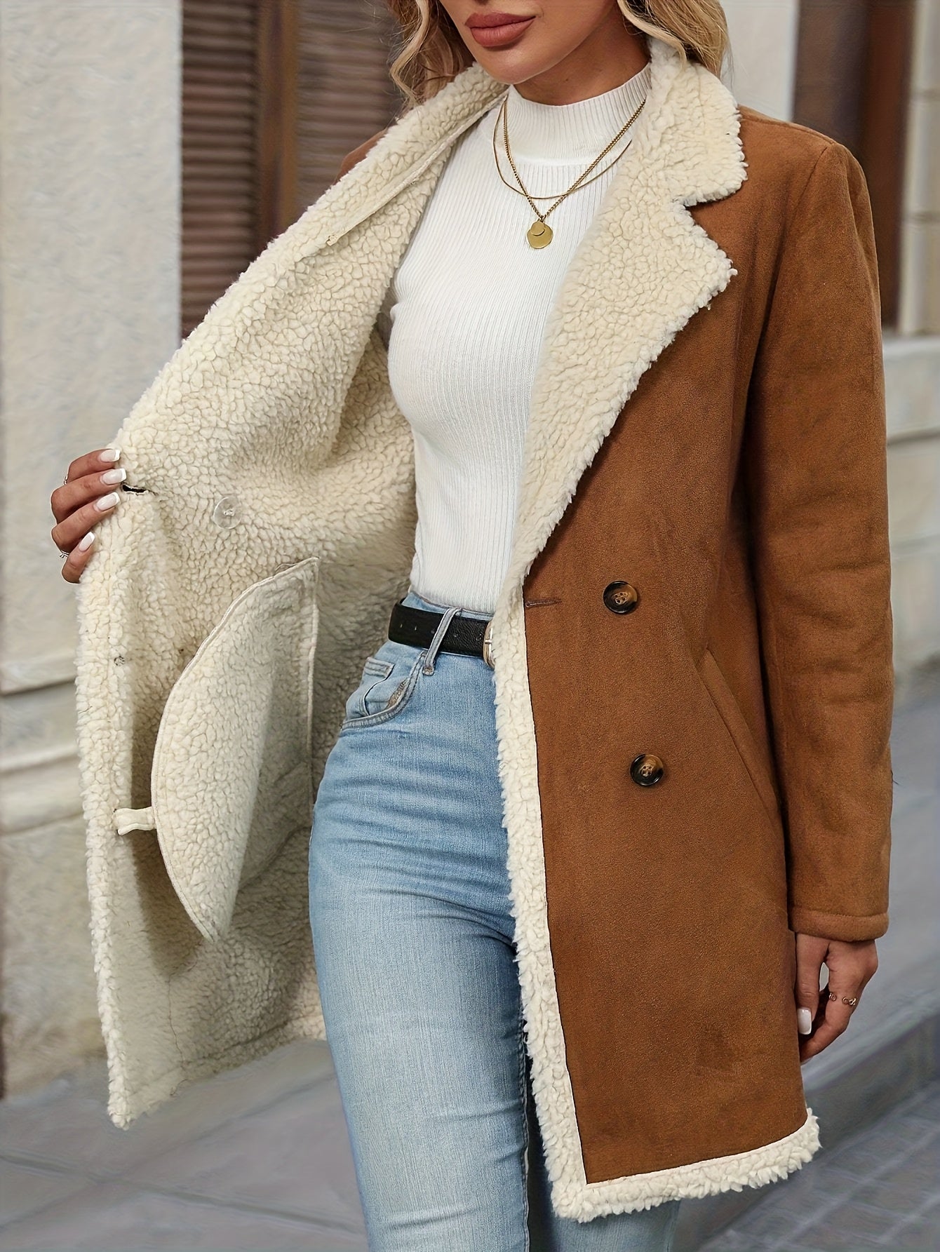Elegant Light Brown Shearling Winter Coat for Women with Notch Lapel Double Breasted Faux Fur Trim