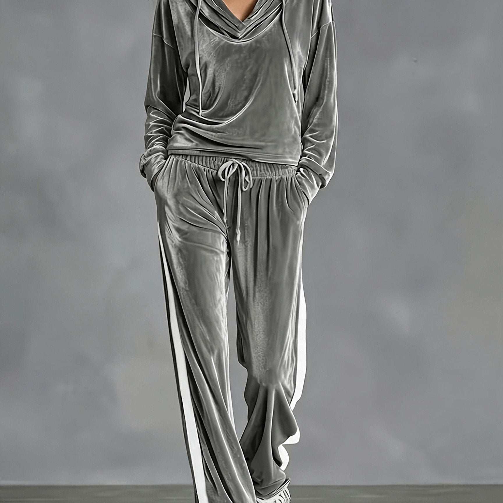 Cozy Velvet Sweatsuit for Women with Cowl Neck Long Sleeve Drawstring Side Stripe Relaxed Style