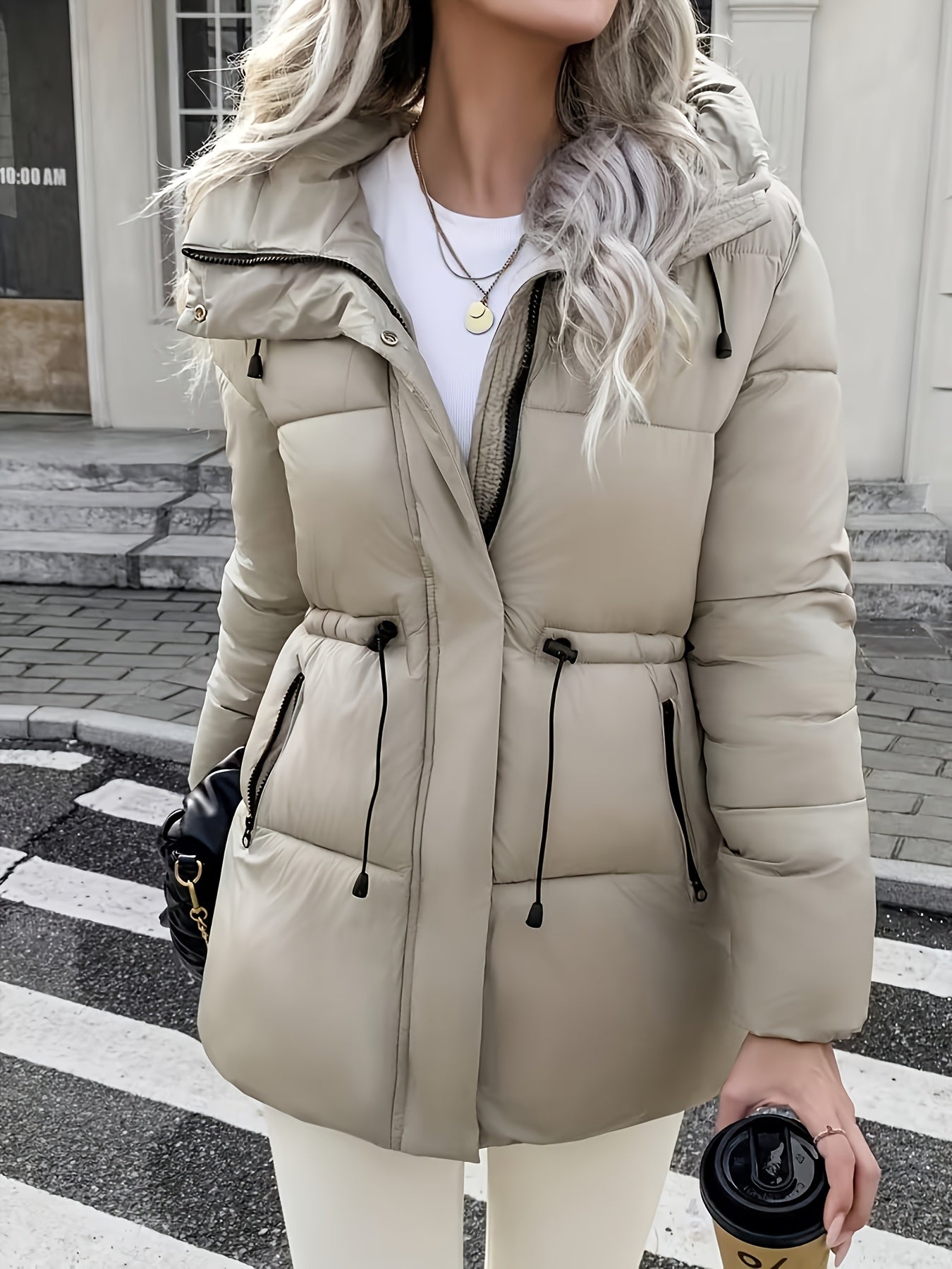 Cozy Quilted Ski Jacket for Women with Hooded Long Sleeve Drawstring Waist Zip Pocket Style