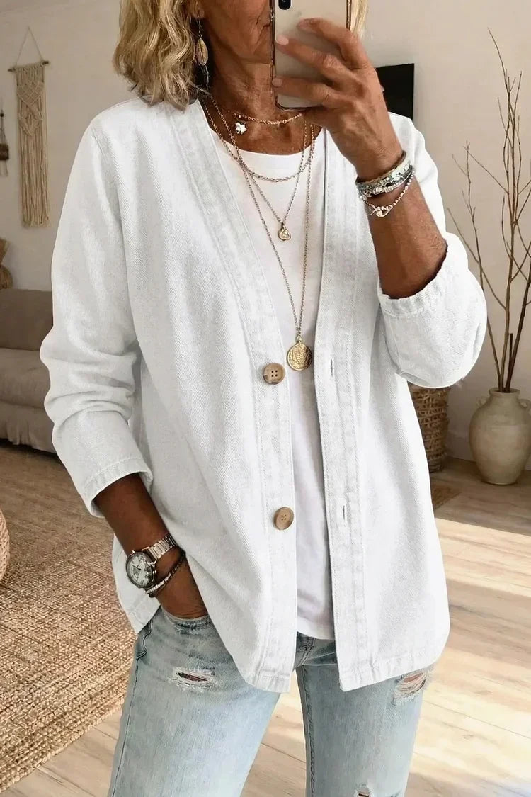 Effortless Washed Denim Cardigan for Women with Open Front Long Sleeve Button Relaxed Style