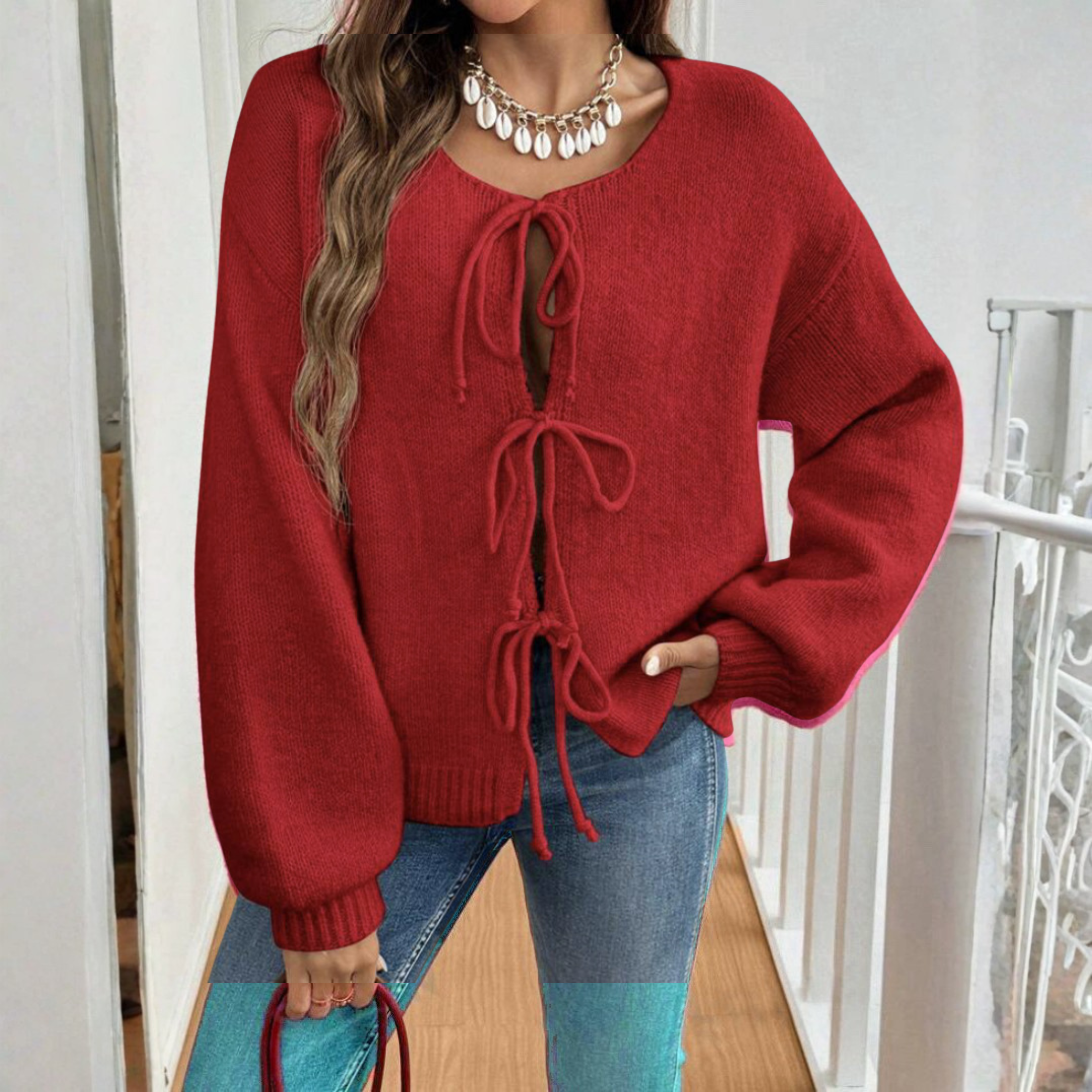 Cozy Knit Cardigan for Women with Round Neck Long Sleeve Tie Front Relaxed Style