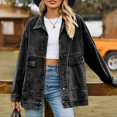 Effortless Denim Jacket for Women with Spread Collar Long Sleeve Button Front Washed Oversized Style