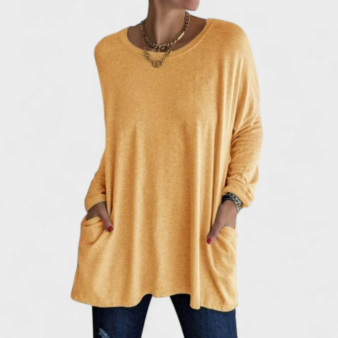 Comfortable Oversized Tunic for Women with Round Neck Long Sleeve Relaxed Pocket Casual Style