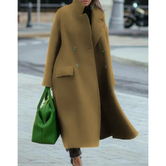 Elegant Wool Trench Coat for Women with Stand Collar Long Sleeve Double Breasted Maxi Style