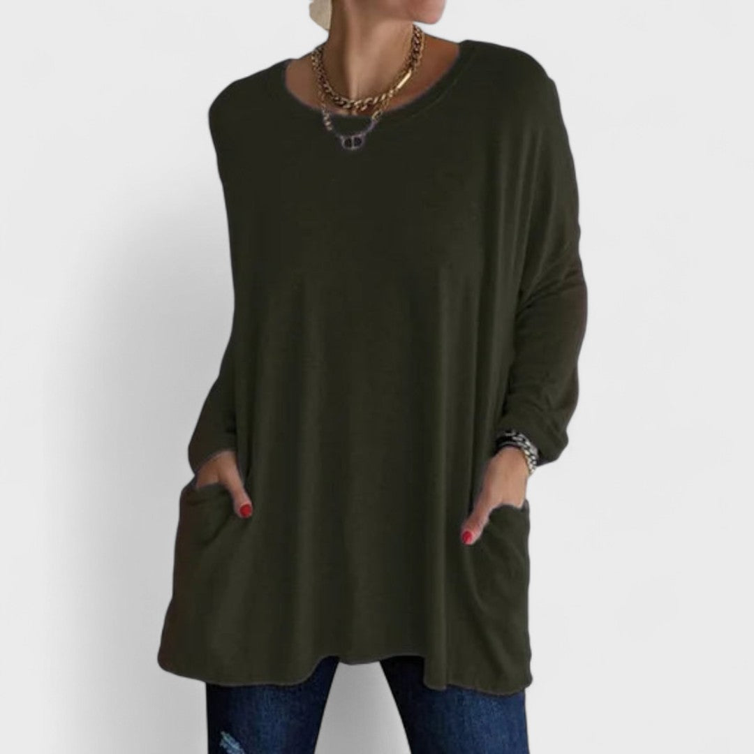Comfortable Oversized Tunic for Women with Round Neck Long Sleeve Relaxed Pocket Casual Style