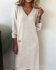 Comfortable Knit Sweater Dress for Women with V Neck Long Sleeve Striped Cuff Relaxed Style