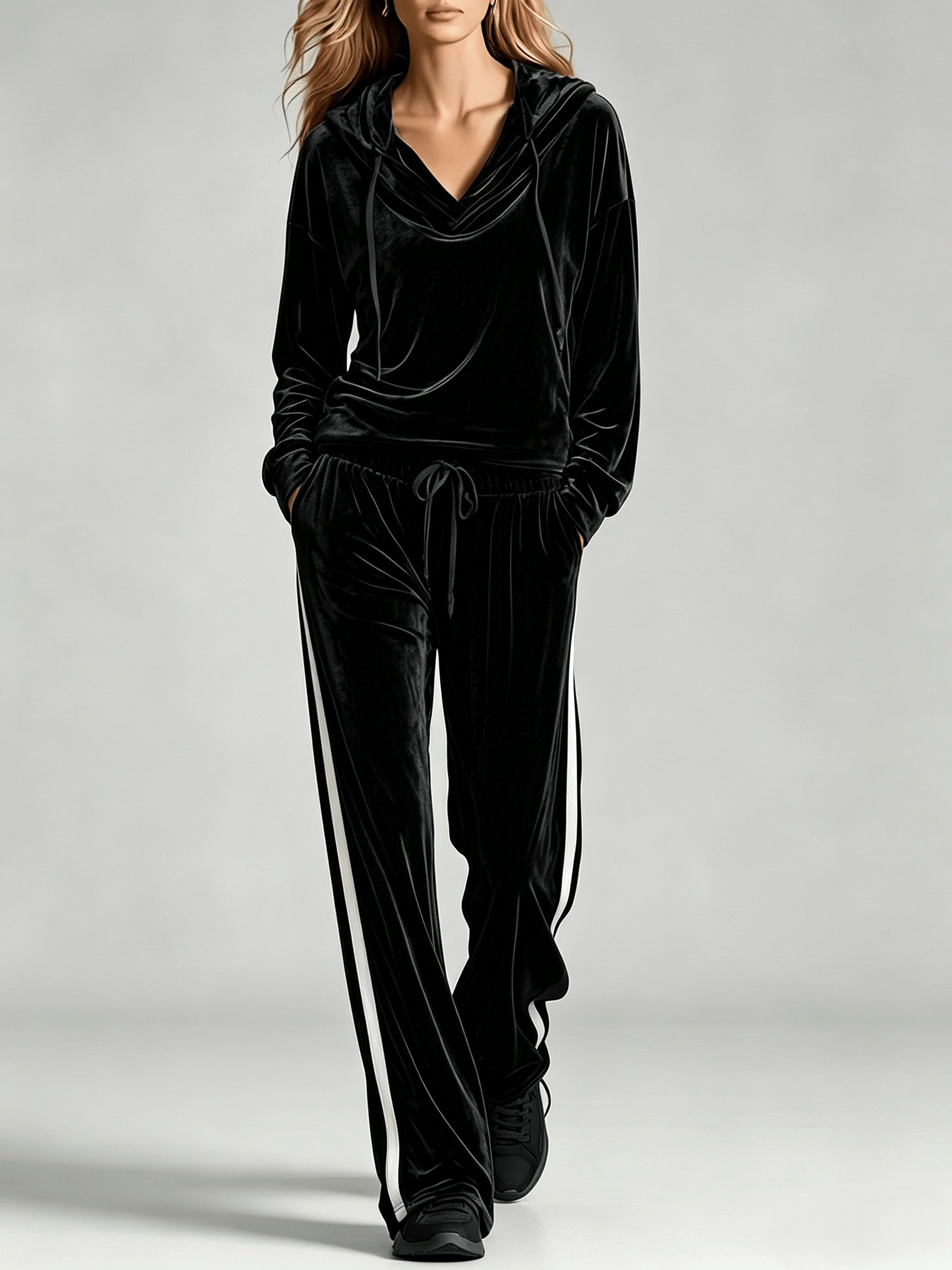 Cozy Velvet Sweatsuit for Women with Cowl Neck Long Sleeve Drawstring Side Stripe Relaxed Style