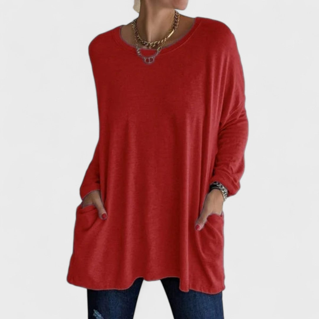 Comfortable Oversized Tunic for Women with Round Neck Long Sleeve Relaxed Pocket Casual Style
