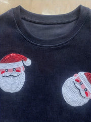 Cozy Dark Gray Santa Print Christmas Tacky Sweater for Women with Crew Neck Long Sleeve Oversized Ribbed Knit Style