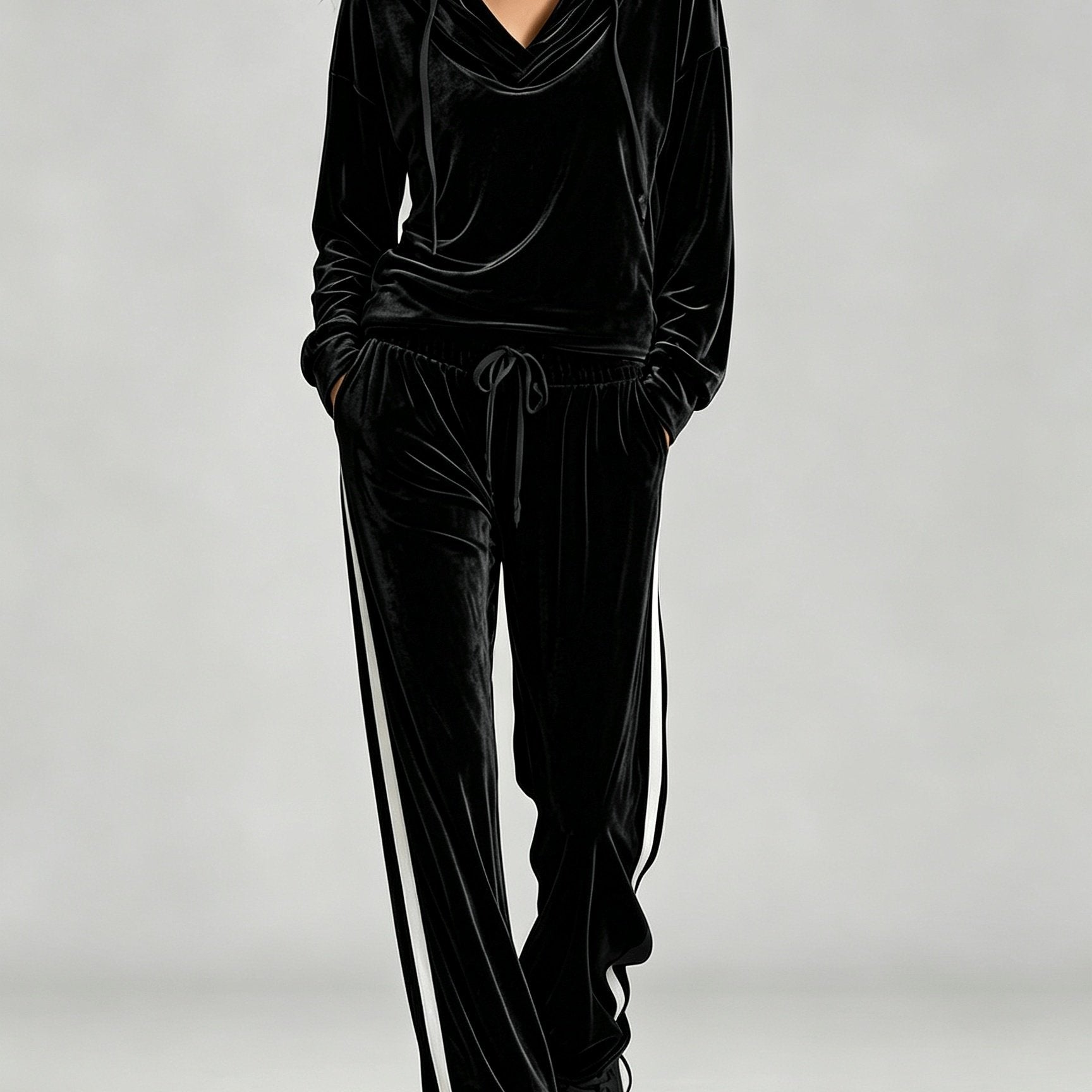 Cozy Velvet Sweatsuit for Women with Cowl Neck Long Sleeve Drawstring Side Stripe Relaxed Style