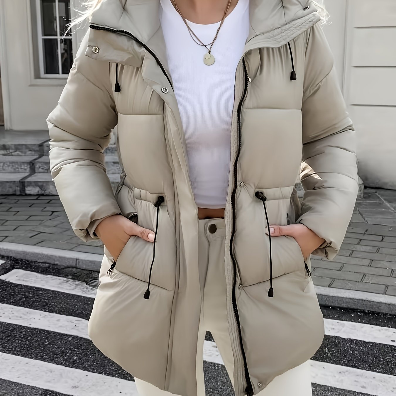 Cozy Quilted Ski Jacket for Women with Hooded Long Sleeve Drawstring Waist Zip Pocket Style