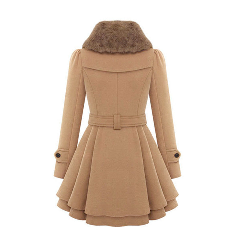 Elegant Winter Trench Coat for Women with Faux Fur Collar Long Sleeve Double Breasted Belted Peplum Style