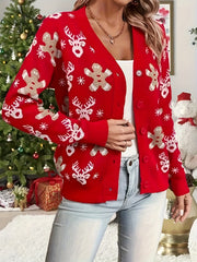 Cozy Red Sequin Christmas Sweater for Women with V Neck Long Sleeve Button Front Cardigan Style