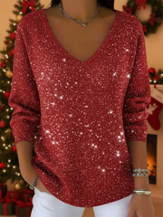 Cozy Women Christmas Sweater with V Neck Long Sleeve Sequin Oversized Knit Style